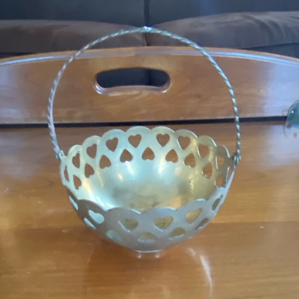 Vintage Brass Handle Bowl Encircled by Hearts